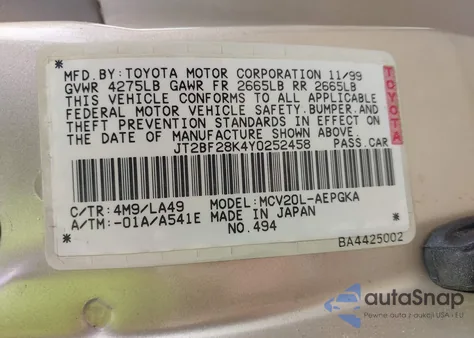 2000 Toyota Camry Xle V6 из США, поврежденный, VIN JT2BF28K4Y0252458